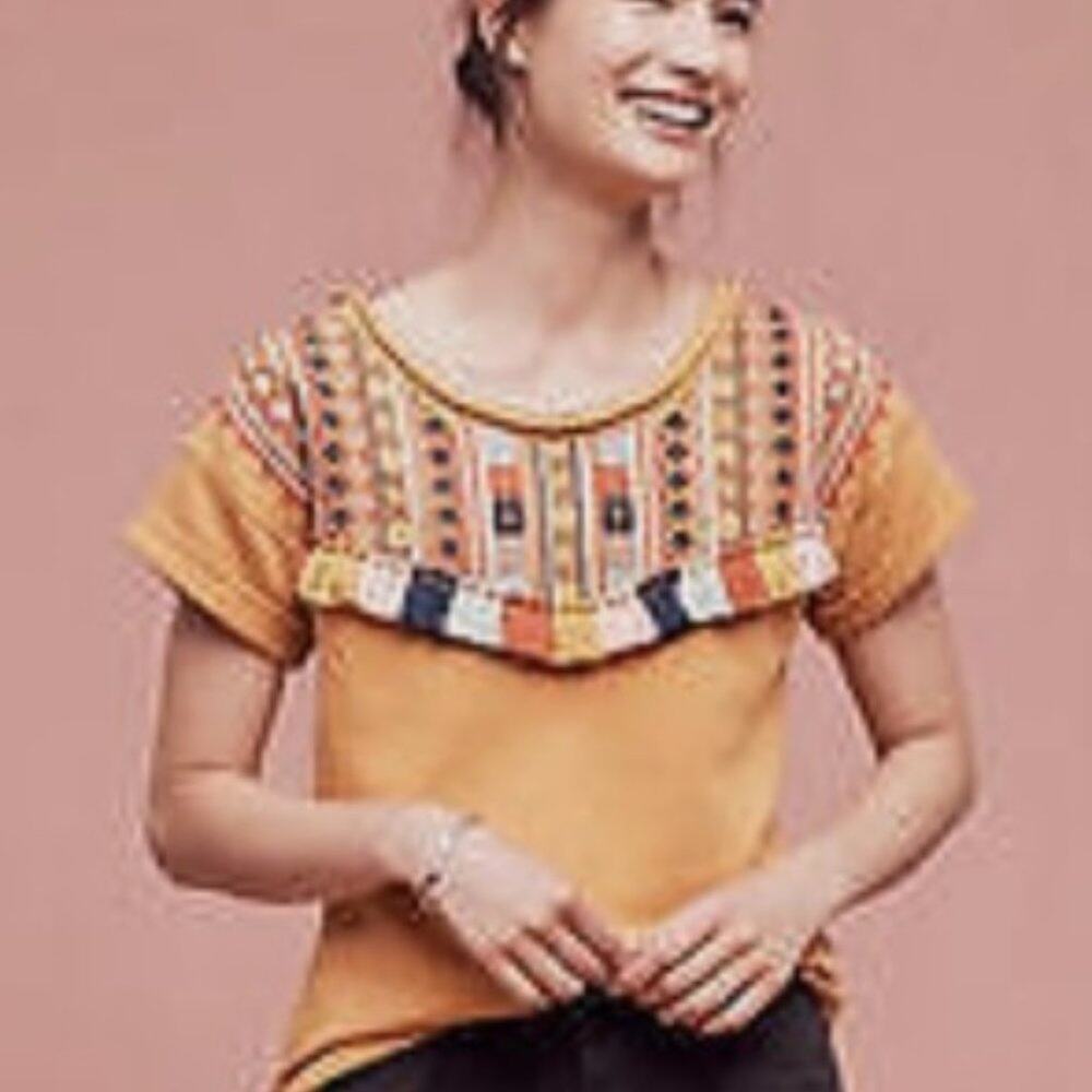 Anthropologie Chloe Oliver Valencia Top Embroidered Fringe Yellow Size Medium